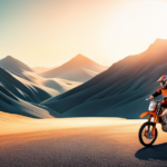 An image showcasing a sleek KTM Electric Dirt Bike, set against a stunning mountainous backdrop, with a price tag clearly displayed on the handlebar, capturing the essence of this cutting-edge machine's cost