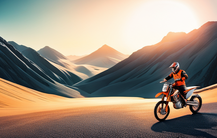 An image showcasing a sleek KTM Electric Dirt Bike, set against a stunning mountainous backdrop, with a price tag clearly displayed on the handlebar, capturing the essence of this cutting-edge machine's cost