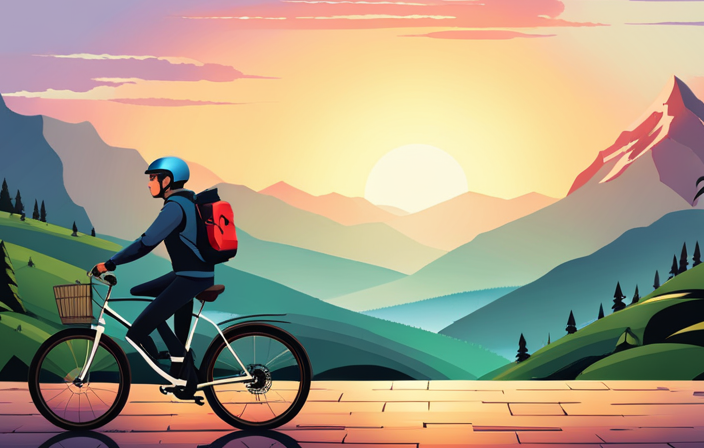 An image showcasing an electric bike rider effortlessly gliding uphill with a serene smile, surrounded by vibrant scenery