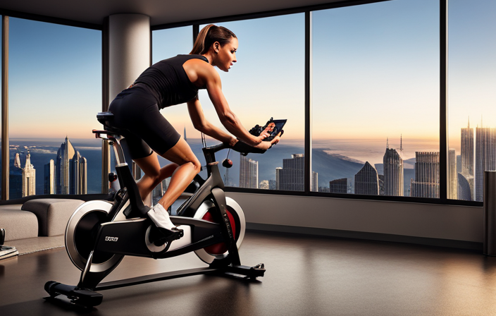 An image showcasing a Peloton bike in a well-lit room, with a clear view of the bike's console displaying power consumption in kilowatt-hours, while an electricity meter measures usage in the background