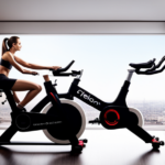 An image that showcases a Peloton bike in a modern living room, surrounded by a dimly lit ambiance