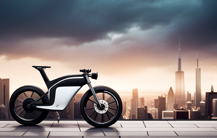 An image showcasing a sleek electric bike plugged into a power outlet, with a digital electricity meter in the background displaying the precise amount of energy being consumed during the charging process
