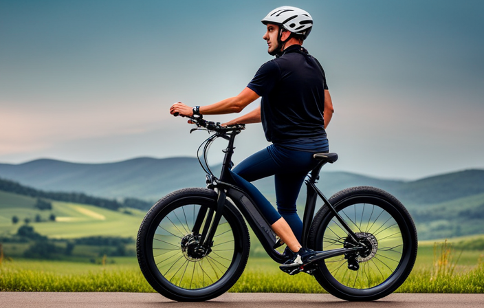 An image showcasing a picturesque landscape of rolling hills and a rider joyfully pedaling on an electric bike, effortlessly gliding uphill with a serene expression, exemplifying the ease and enjoyment of exercising with an electric bike