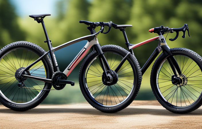 An image showcasing a gravel bike and a mountain bike side by side, racing on a rugged off-road trail