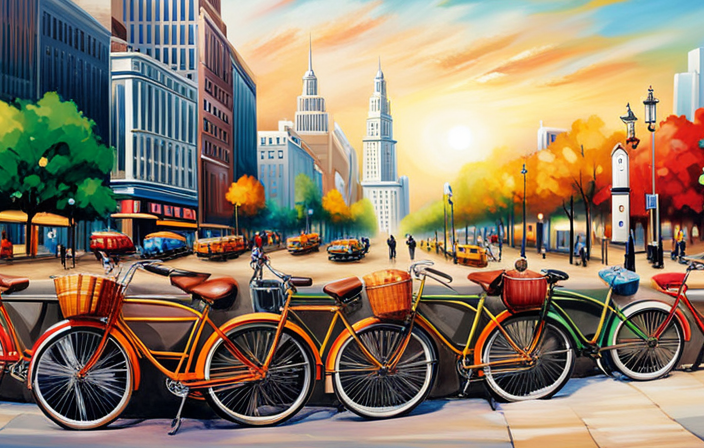 An image capturing the bustling streets of a vibrant city, with a colorful array of bicycles parked on the sidewalk, their sleek frames and shiny wheels glistening under the sun