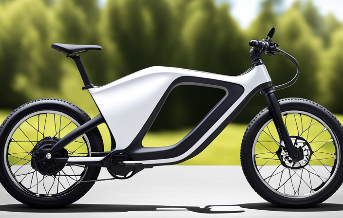 An image of a sleek electric bike with a price tag displayed prominently, surrounded by a backdrop of vibrant green hills and a winding trail, showcasing its eco-friendly features and adventurous potential