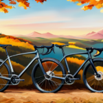 An image of a sleek, vibrant gravel bike against a picturesque backdrop of rolling hills and golden autumn foliage