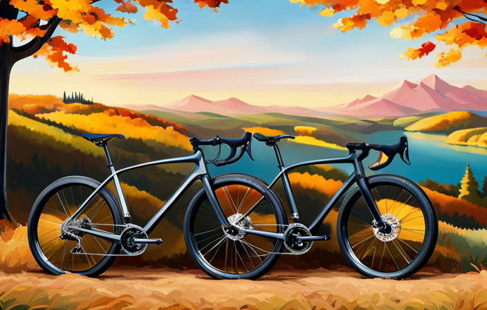An image of a sleek, vibrant gravel bike against a picturesque backdrop of rolling hills and golden autumn foliage