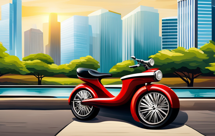An image showcasing a sleek electric bike parked against a backdrop of a bustling city street