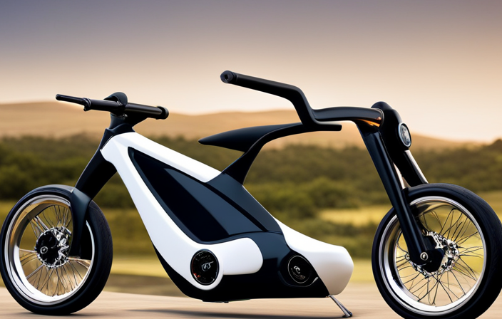 An image showcasing a sleek electric bike parked in front of a scenic coastal landscape