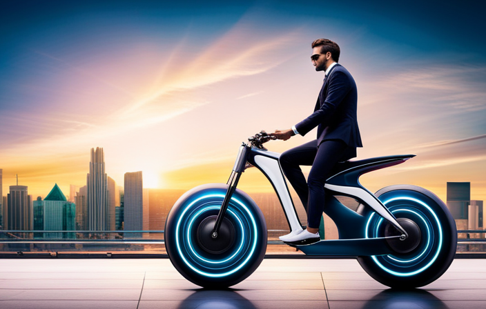 An image showcasing a sleek, futuristic electric generating bike with a powerful built-in motor, its wheels spinning effortlessly as a cyclist effortlessly cruises through a vibrant cityscape, surrounded by gleaming skyscrapers and lush greenery