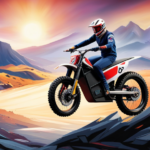 An image capturing the dynamic power of an electric dirt bike, its sleek frame gliding effortlessly over rough terrain, as sparks fly from the wheels, showcasing the impressive horsepower
