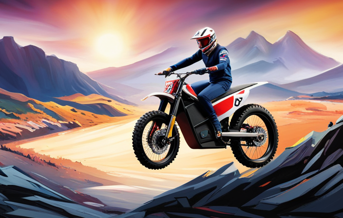 An image capturing the dynamic power of an electric dirt bike, its sleek frame gliding effortlessly over rough terrain, as sparks fly from the wheels, showcasing the impressive horsepower