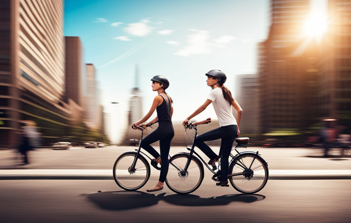 An image showcasing a sleek electric bike in motion, gracefully gliding down a city street
