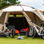 An image of a serene campsite nestled in lush greenery, with a sleek and sturdy electric bike parked nearby
