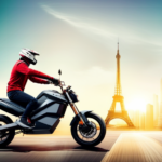 An image showcasing an electric dirt bike cruising down a bustling city street, surrounded by towering skyscrapers and curious onlookers, highlighting the seamless integration of this eco-friendly vehicle into urban environments