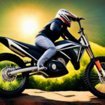 An image showcasing a sleek electric dirt bike in vibrant colors, perched on a rocky terrain with a backdrop of lush green mountains