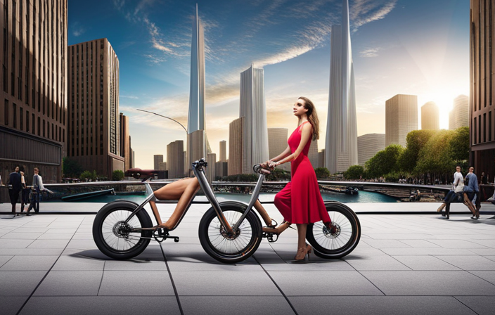 An image featuring a sleek, modern electric One Up bike parked against a vibrant urban backdrop, showcasing its cutting-edge design, advanced features, and eco-friendly nature