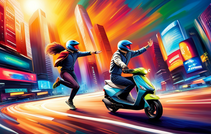 An image capturing the electrifying energy of an electric scooter bike race, with a thrilling blur of colorful helmets, accelerating wheels, and determined riders leaning into sharp turns, all against a vibrant urban backdrop