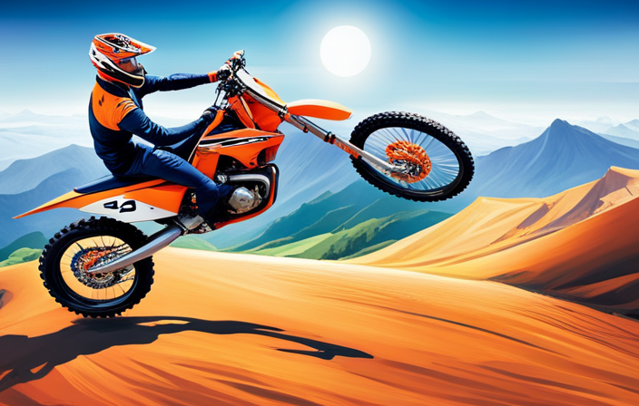 An image depicting a vibrant motocross track, with a sleek KTM electric dirt bike soaring through the air, displaying its cutting-edge design and advanced technology, enticing readers to discover the price of this electrifying ride