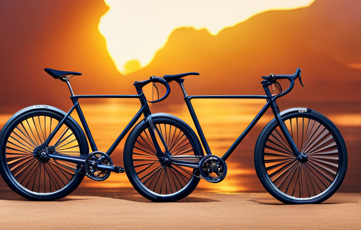 An image capturing the essence of a shiny, brand-new bicycle glistening under the golden rays of a summer sunset, with its sleek frame, vibrant color palette, and an array of accessories promising endless adventures