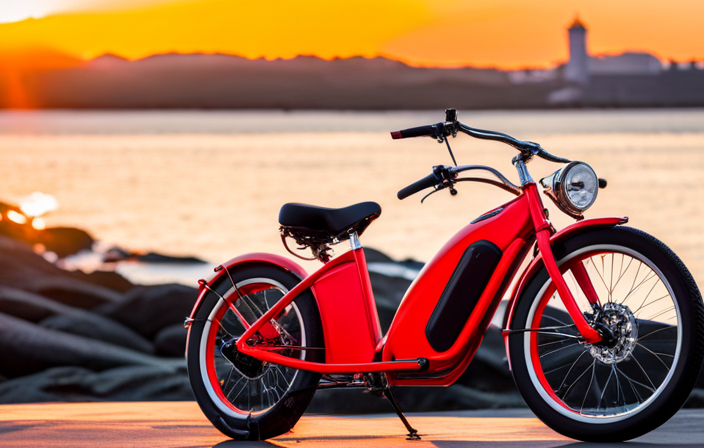 An image showcasing a sleek, modern Pedego electric bike in vibrant red, parked against a breathtaking coastal backdrop