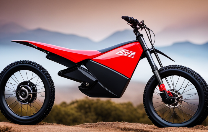 An image featuring a sleek Razor Electric Dirt Bike in vibrant red, parked against a backdrop of an adventurous mountain trail