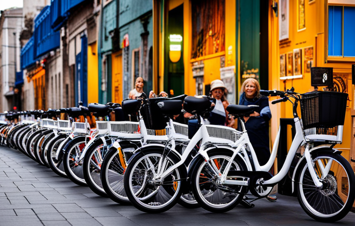An image that showcases a vibrant street market scene, with a diverse array of second-hand electric bikes lined up for sale