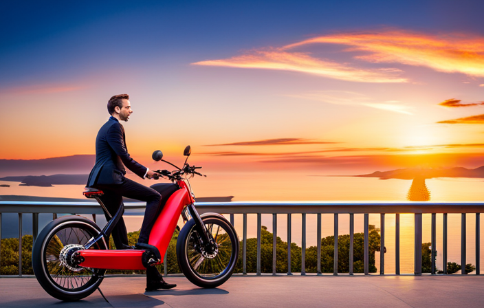 An image showcasing a sleek, modern Sol Electric Bike in vibrant red color, parked against a stunning backdrop of a picturesque coastal road winding through lush green hills and overlooking a sparkling blue ocean