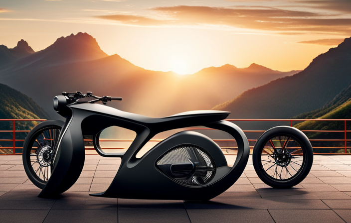 An image showcasing a sleek, black Stealth Hurricane Electric Bike against a backdrop of scenic mountains