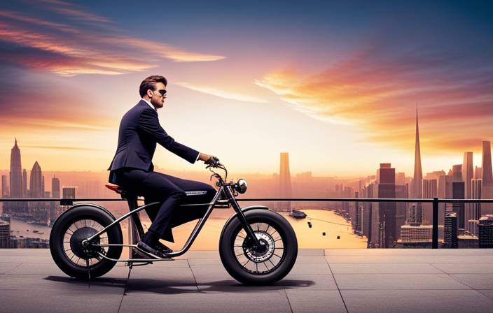An image capturing a sleek Super 73 Electric Bike zooming through a vibrant city street at sunset, its powerful motor emitting a soft hum, while its retro design turns heads and effortlessly blends with the urban landscape