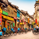 An image showcasing a bustling street in China, lined with vibrant electric bike stores