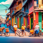 An image showcasing a bustling street in the Philippines, with vibrant colors and a row of electric bikes parked along the sidewalk