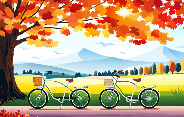An image showcasing a sleek electric bike gliding effortlessly along a picturesque British countryside road, adorned with vibrant autumn foliage and framed by rolling hills, accentuating the enchanting allure of electric bikes in the UK
