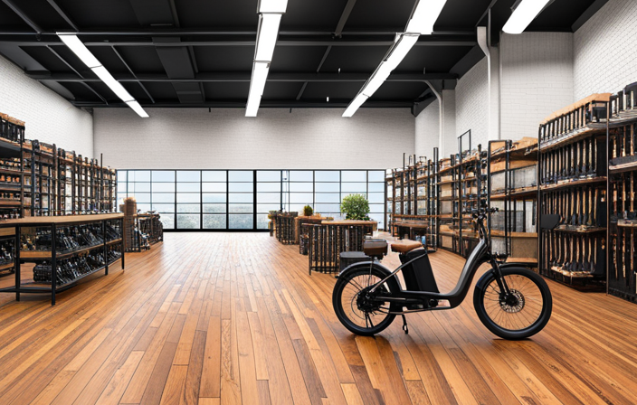 An image that showcases a vibrant, bustling warehouse filled with neatly stacked rows of sleek electric bikes in various colors and models, reflecting the diversity and abundance of wholesale options available