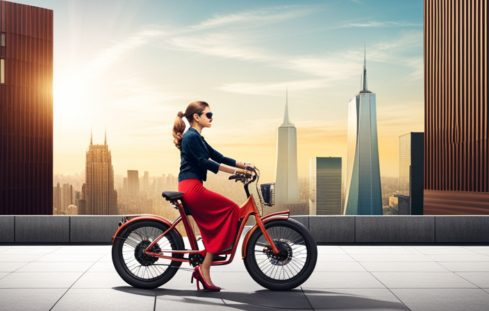 An image showcasing a woman confidently riding an electric bike through a vibrant urban setting, with a sleek and modern electric bike design that reflects sophistication and style