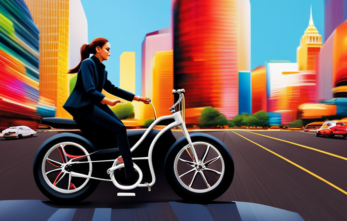 An image showcasing a vibrant cityscape with a sleek, modern electric bike zooming past a bustling market, emphasizing the affordability of electric bikes through the atmosphere of urban life and dynamic movement