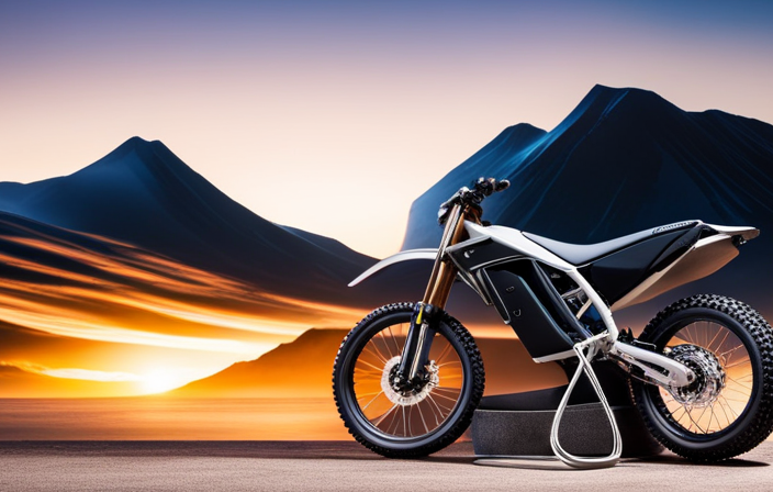 An image showcasing an electric dirt bike parked beside a charging station, with the rider's helmet and gear neatly arranged nearby, highlighting the eco-friendly features and implying its affordability