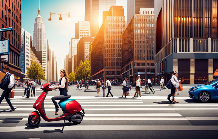 An image showcasing a modern cityscape with a bustling street filled with electric scooter bikes of various brands and colors, parked neatly in designated areas, illustrating the diverse options available and the popularity of these eco-friendly modes of transportation