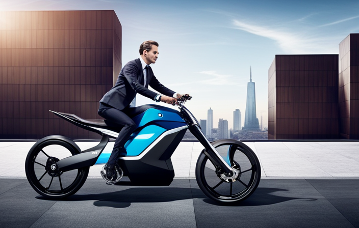 An image showcasing the sleek and futuristic design of the 2018 BMW electric bike, with its vibrant metallic blue frame, integrated battery, and cutting-edge technology, positioned against a backdrop of a bustling cityscape