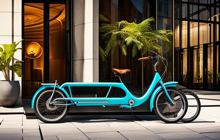 An image showcasing a sleek, modern electric bike parked on a city sidewalk