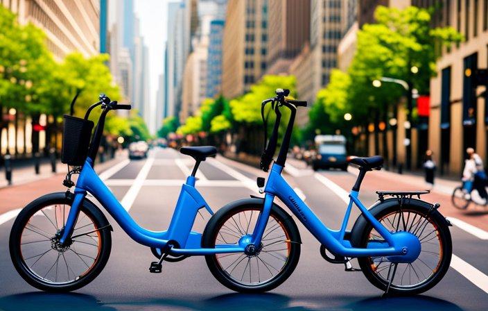 An image showcasing a vibrant cityscape with a sleek, modern Electric Citi Bike being ridden along the bustling streets