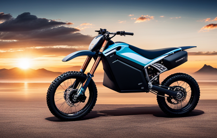 An image that captures the essence of an electric dirt bike's value, showcasing its sleek, futuristic design, powerful motor, and robust suspension system, with a background highlighting the adventurous off-road terrain it conquers effortlessly