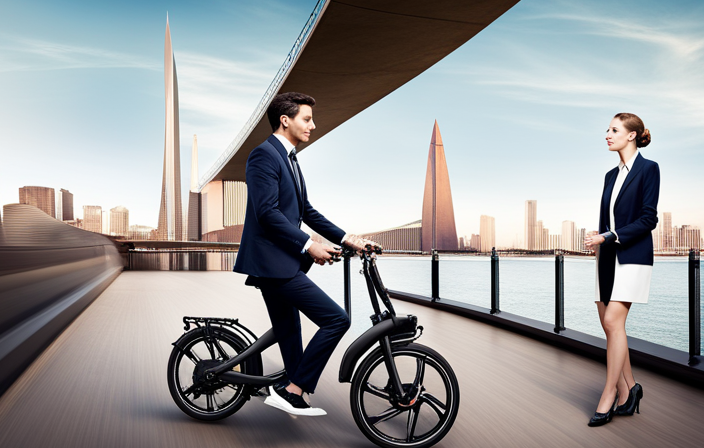 An image that showcases a sleek folding electric bike, elegantly compacted to fit in a backpack, with its lightweight frame and sturdy wheels ready to conquer city streets