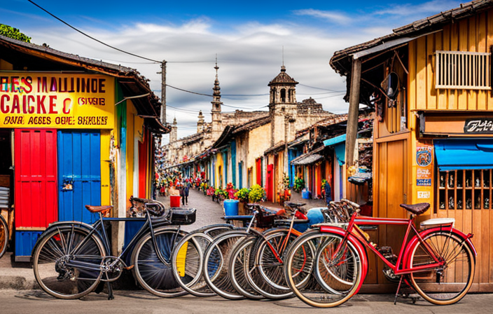 An image showcasing a vibrant, bustling marketplace in the Philippines, where gravel bikes of various designs, colors, and sizes are prominently displayed