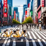 An image of a vibrant Sapporo street lined with sleek, modern electric bikes, their colorful frames glistening under the sunlight, showcasing the city's bike rental culture