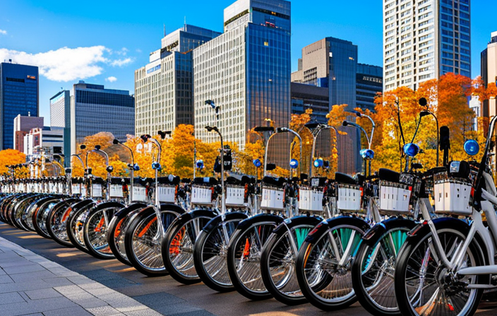an image of a bustling street in Sapporo, Japan, adorned with vibrant electric bikes lined up outside rental shops