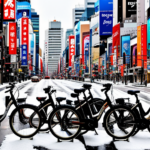 An image that showcases a vibrant cityscape of Sapporo's bustling streets, with a row of sleek, modern electric bikes lined up against a backdrop of snow-capped mountains, inviting readers to discover the city's rental prices