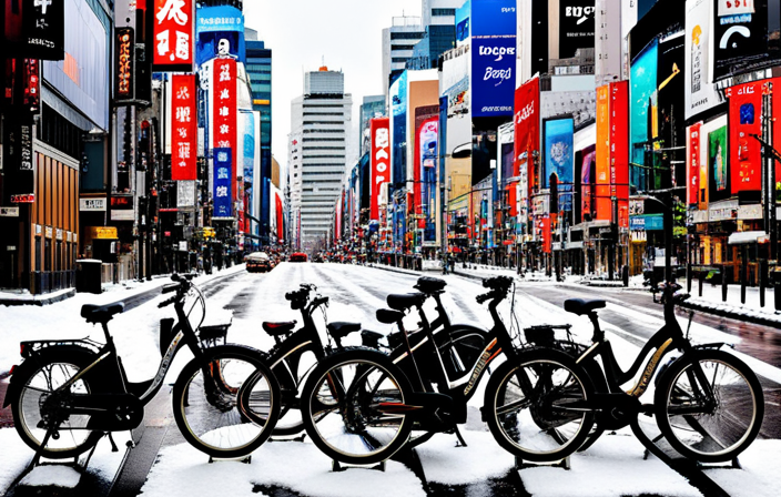 An image that showcases a vibrant cityscape of Sapporo's bustling streets, with a row of sleek, modern electric bikes lined up against a backdrop of snow-capped mountains, inviting readers to discover the city's rental prices