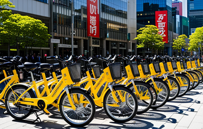 An image showcasing the vibrant streets of Sapporo, adorned with colorful electric bikes lined up outside rental shops